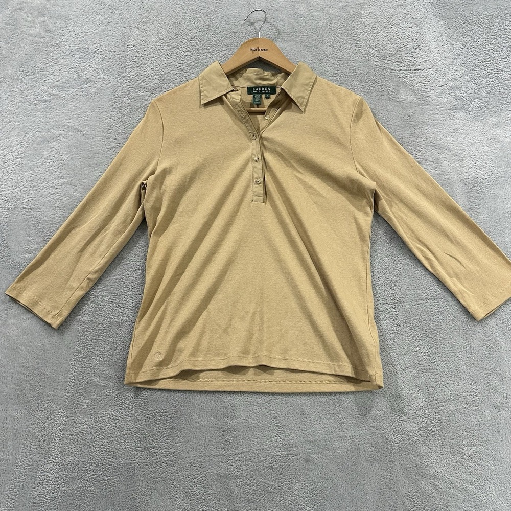 Lauren Ralph Lauren 1/4 Button Shirt Women M Tan Long Sleeve Boho Vintage Cotton
